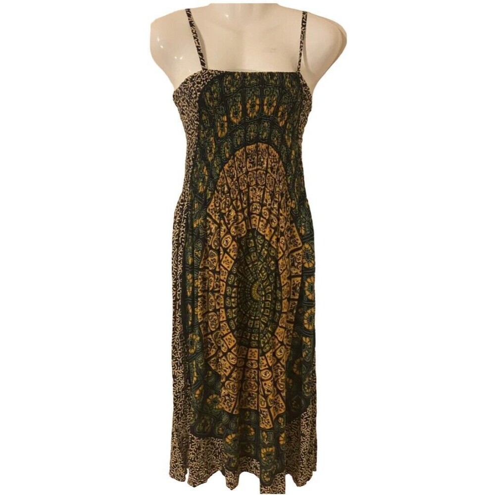 Peaceful People Sundress Womens Size S Smocked Midi  Black Yellow Green